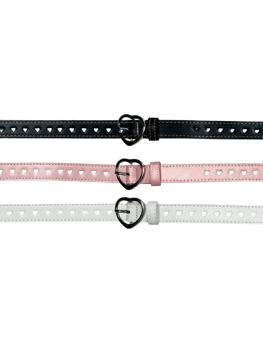 Girls Heart Buckle Belts 3-Pack Pink White Black Adjustable Faux Leather
